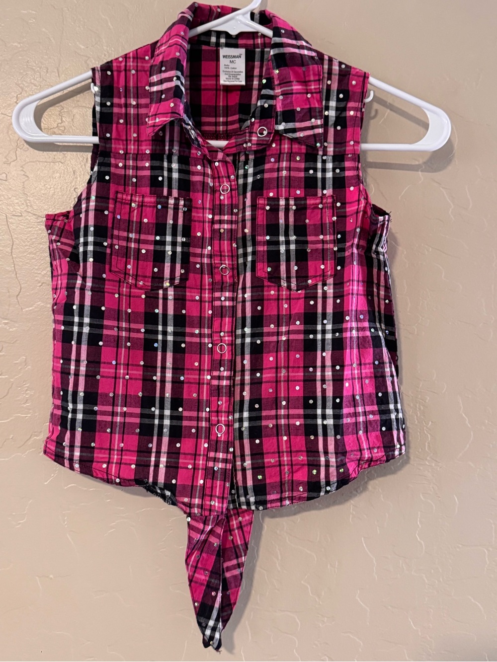 Weissman Dance Costume - Hot Pink and Black Plaid Shirt & Fringe Shorts